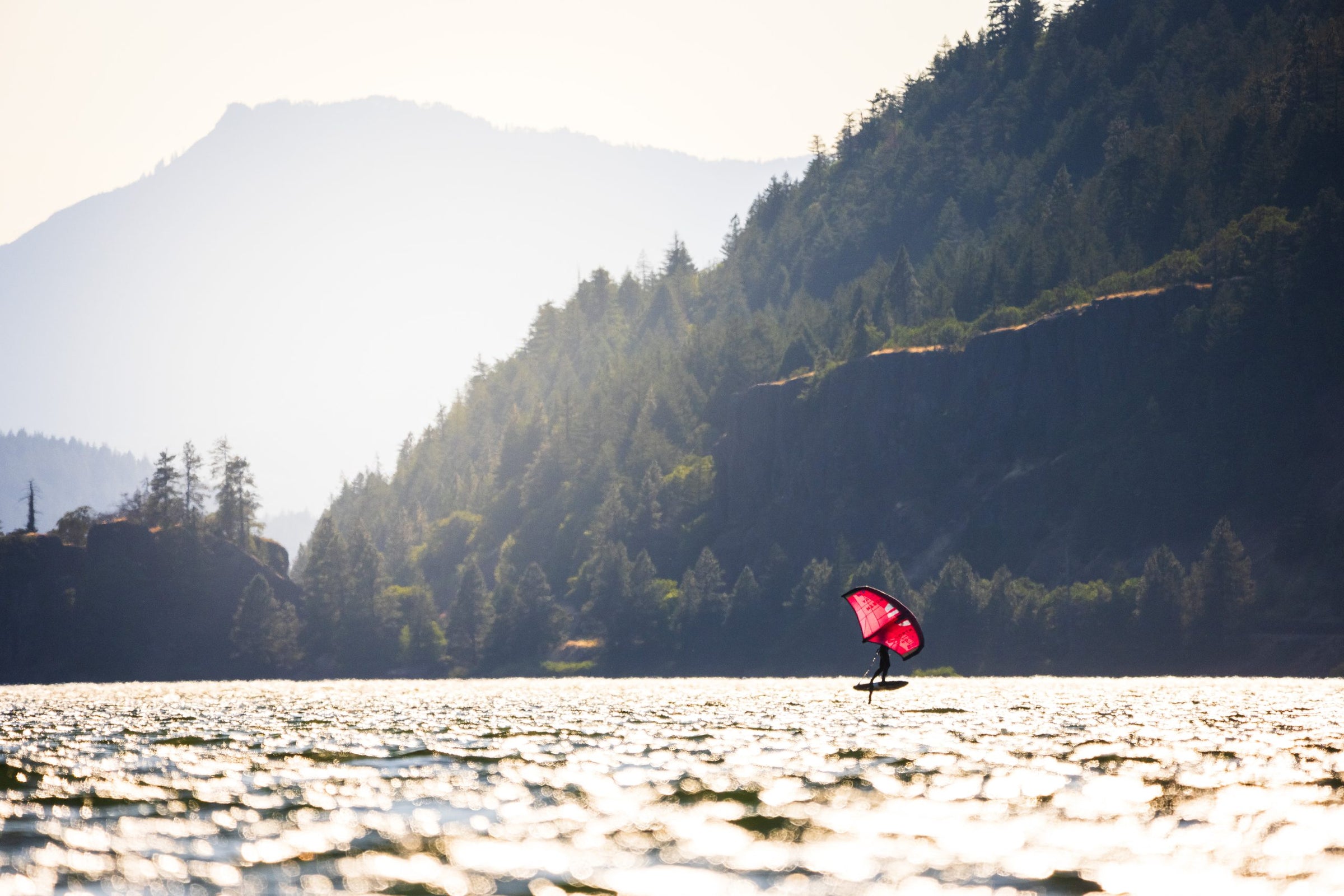 Wing foiling with a pink wing, backlit
