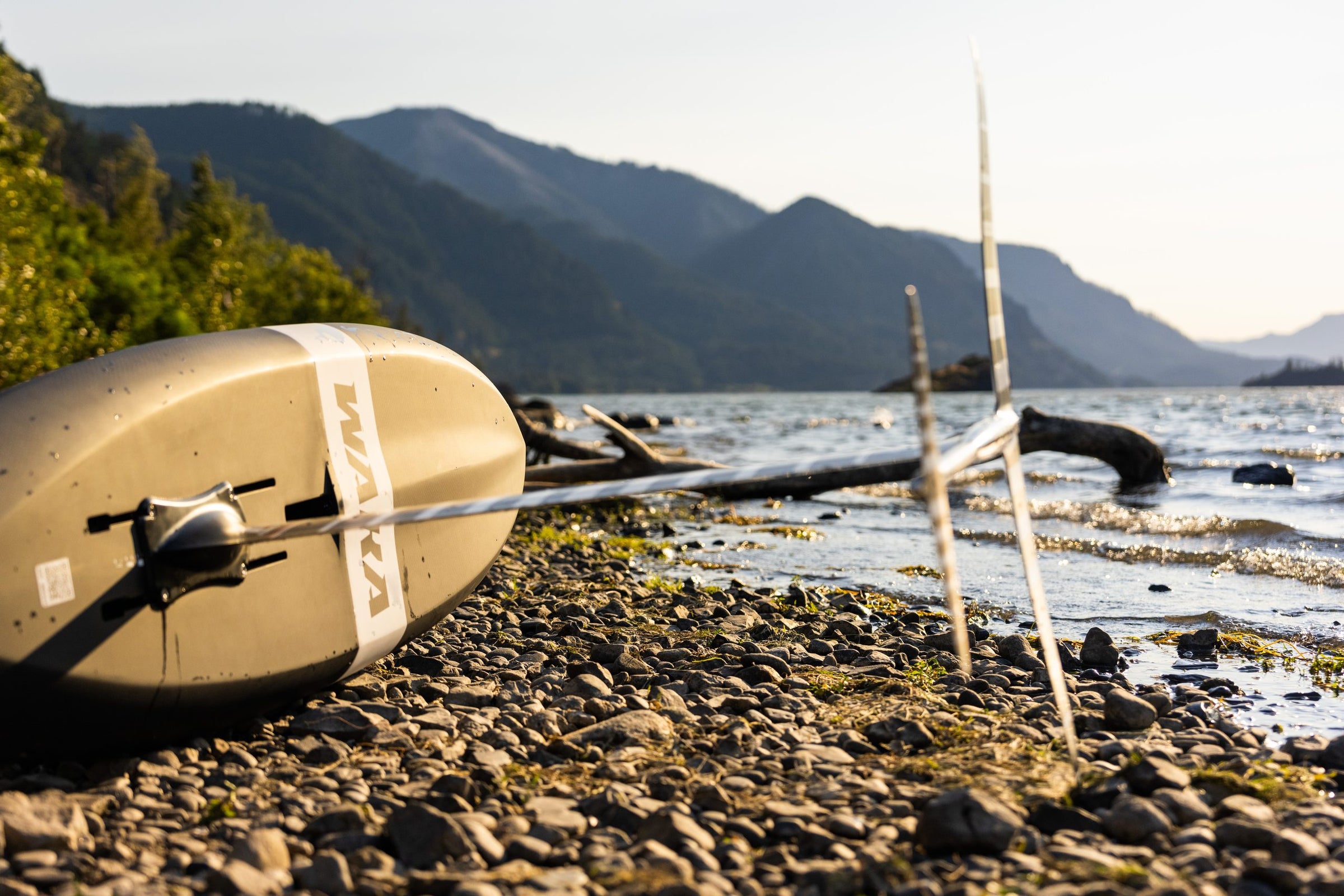 WAKA board and foil on the shore at golden hour